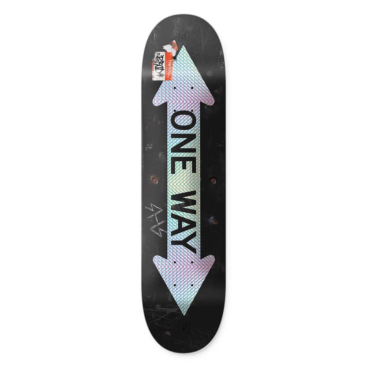 Skateboard deck with 'One Way' design on a white background