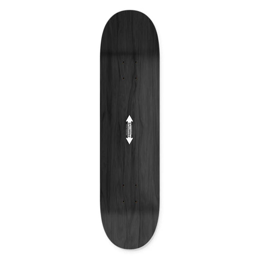 Black skateboard deck with a white logo on a white background