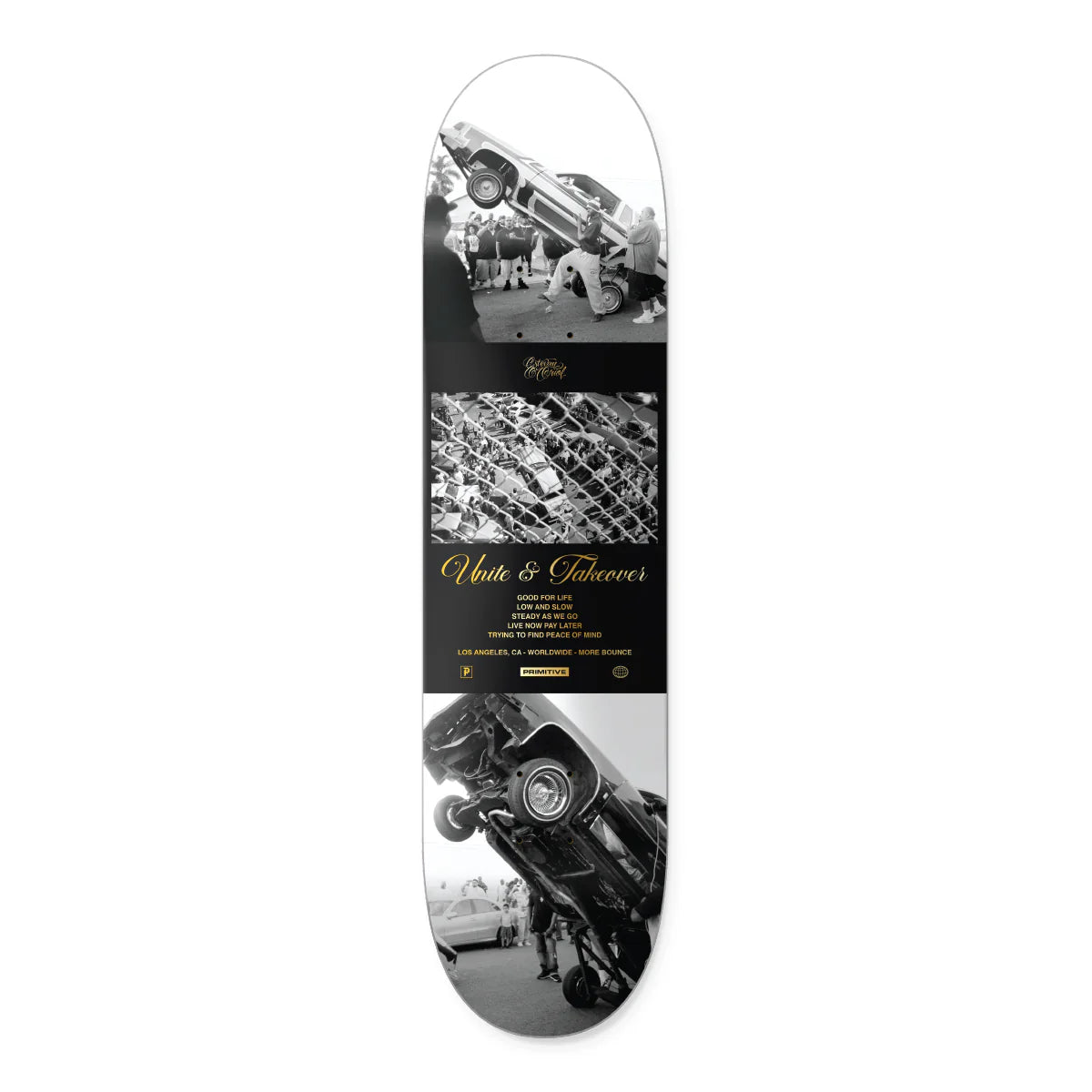 Skateboard deck with black and white graphics and text on a white background