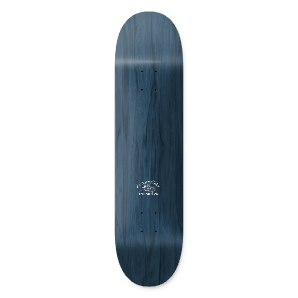 Skateboard deck with a blue wood grain pattern on a white background