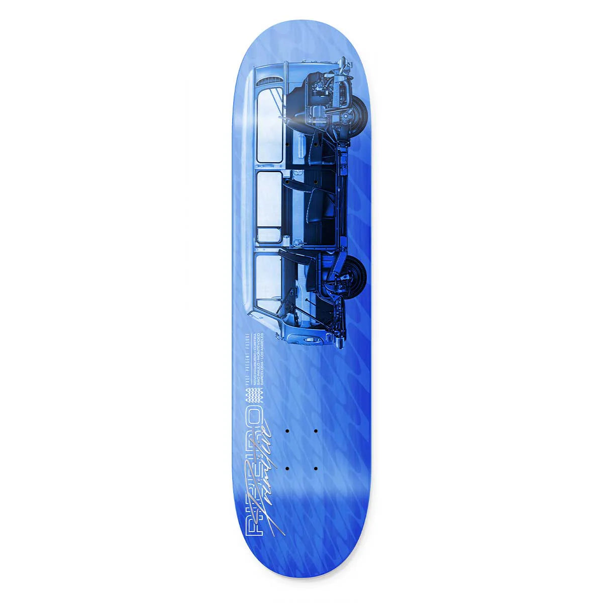 Blue skateboard deck with a transparent design on a white background