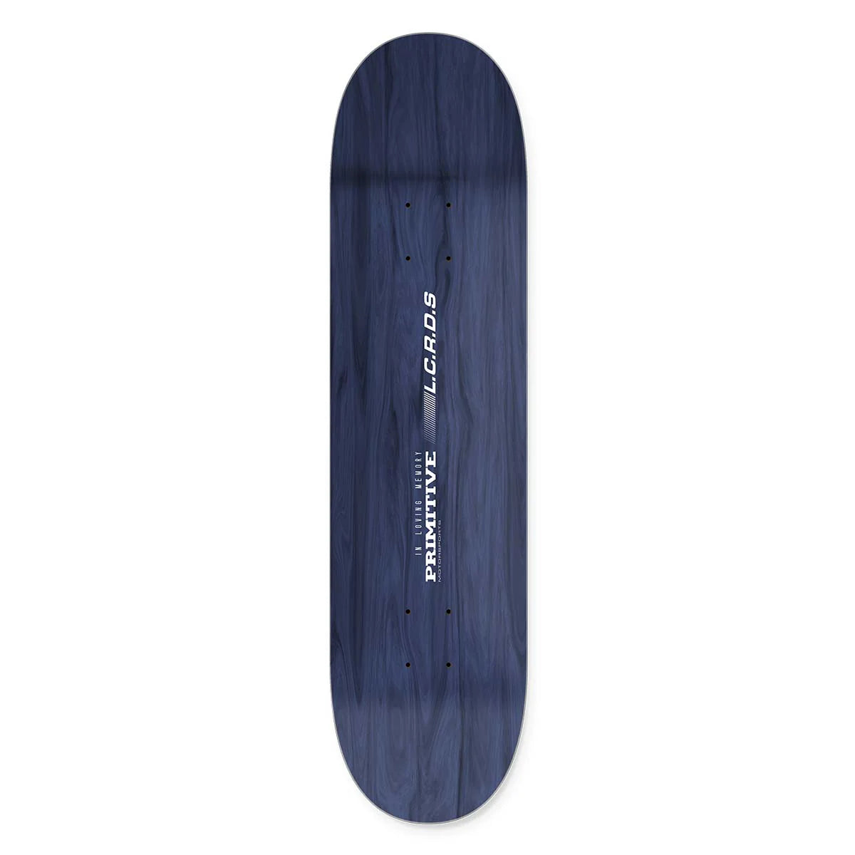 Blue skateboard deck with visible branding on a white background
