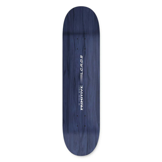 Blue skateboard deck with visible branding on a white background