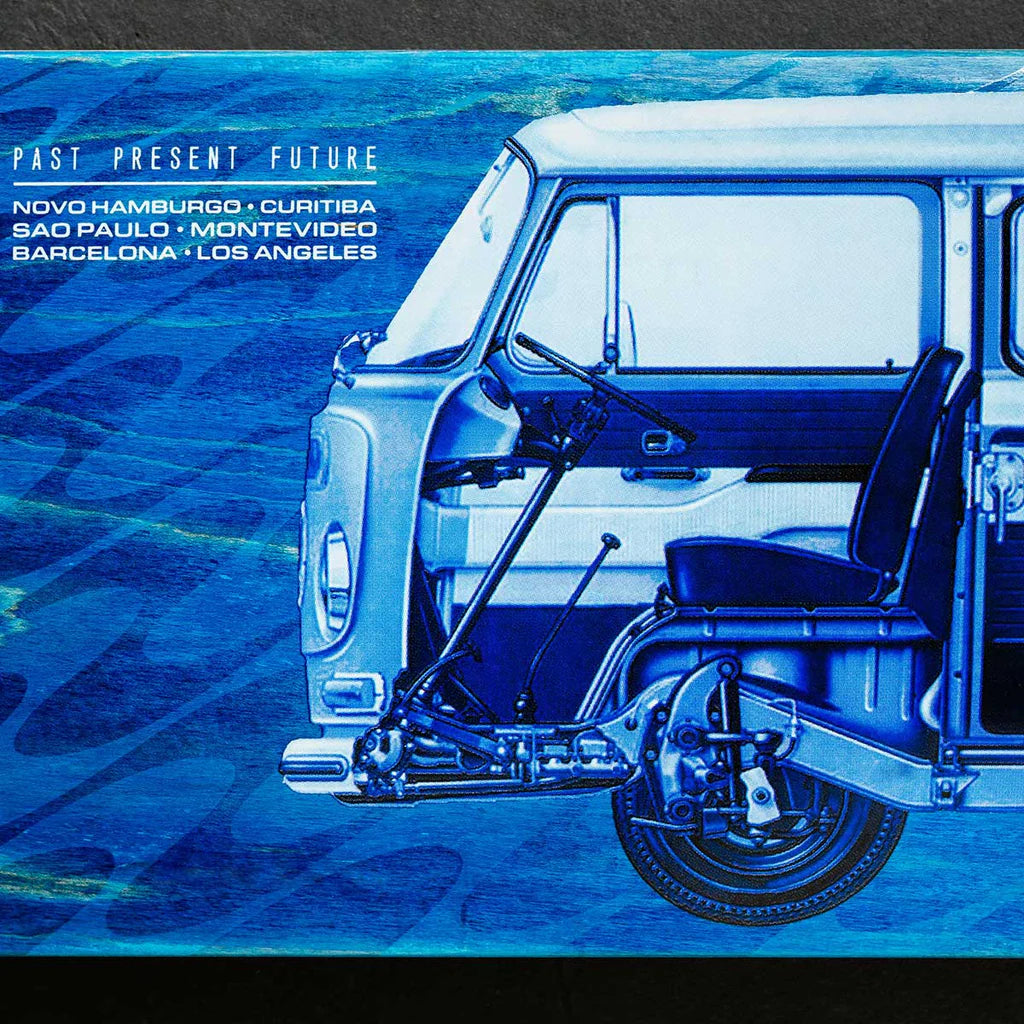 Blue and white vehicle with text on a blue background