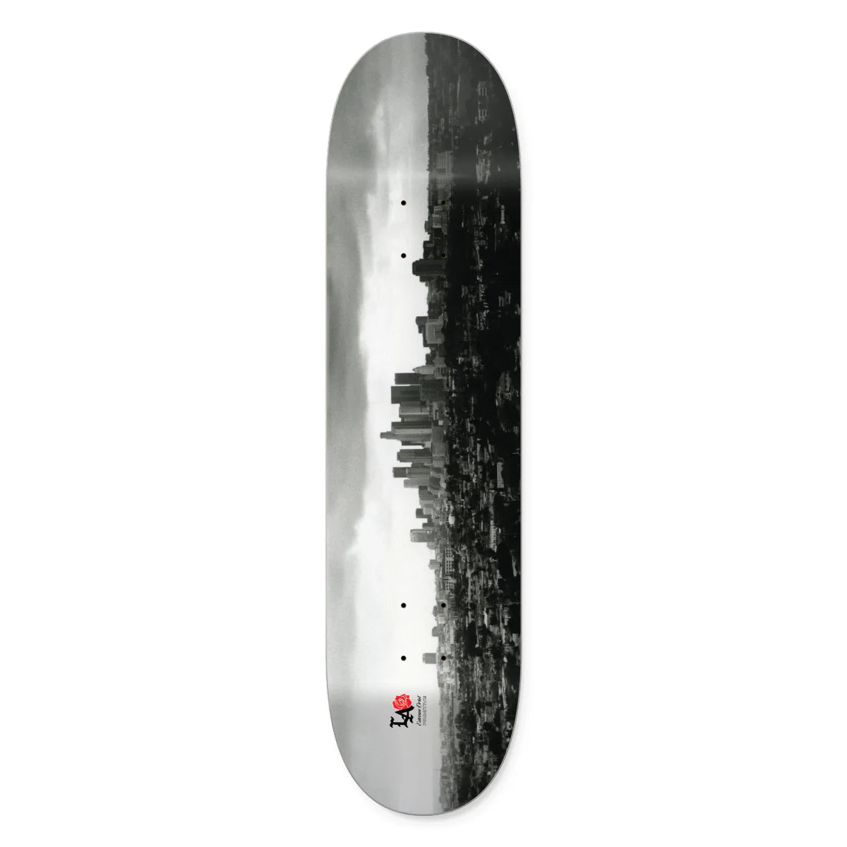 Skateboard deck with a cityscape design on a white background