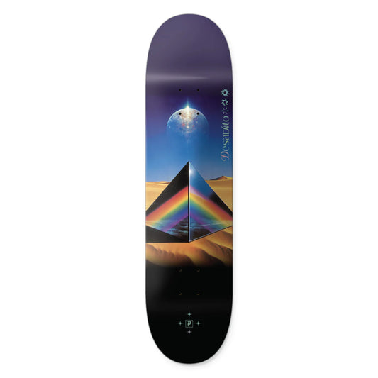 Skateboard deck with pyramid and rainbow design on a white background