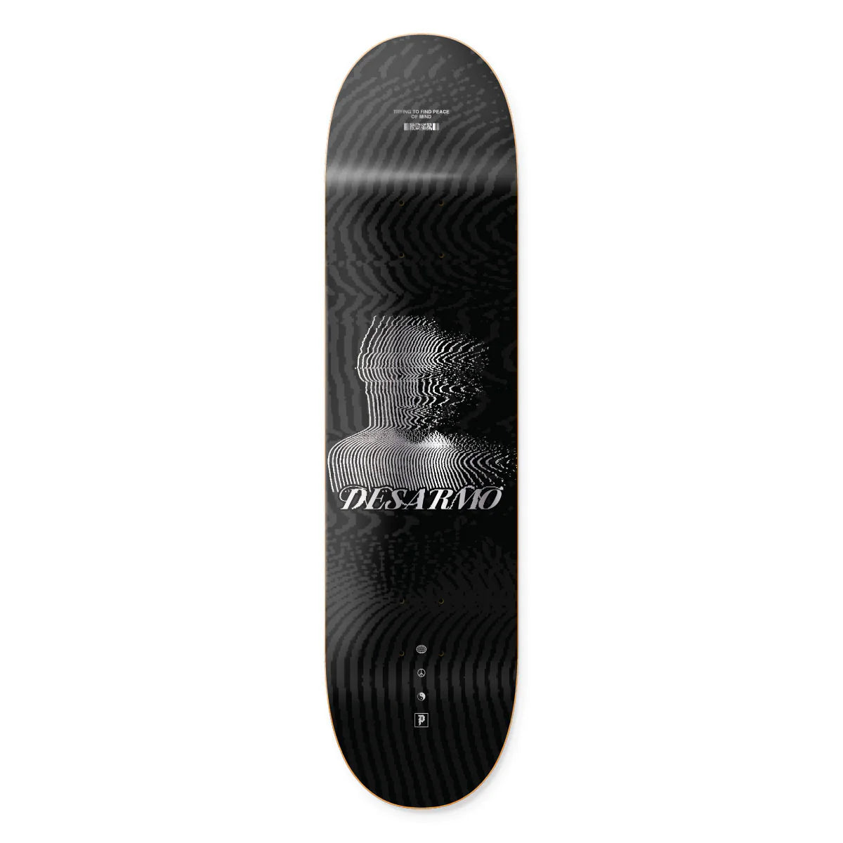 Black skateboard deck with a geometric design and 'Delarmo' branding on a white background