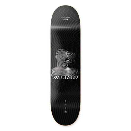 Black skateboard deck with a geometric design and 'Delarmo' branding on a white background