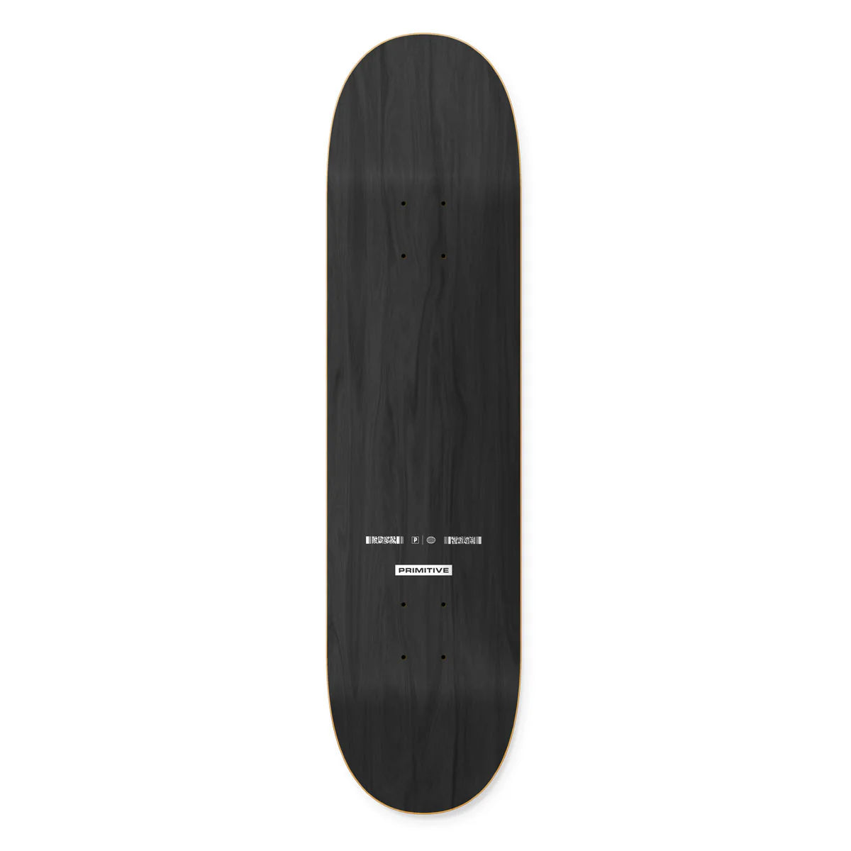 Black skateboard deck with a brand logo on a white background