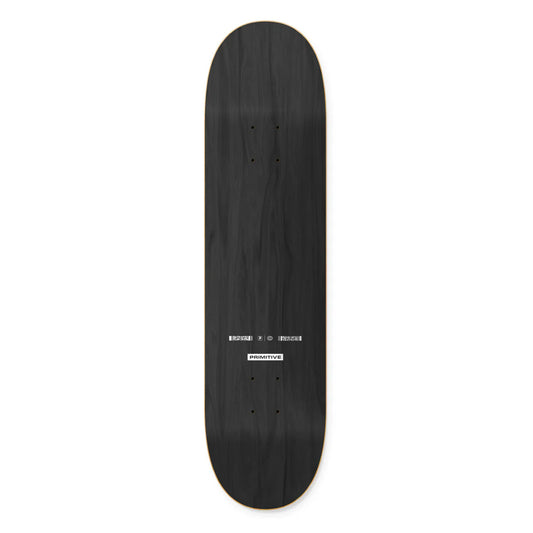 Black skateboard deck with a brand logo on a white background