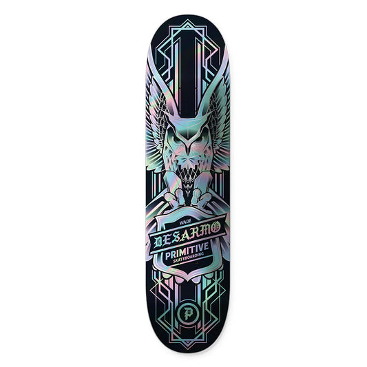 Skateboard deck with geometric design and 'Primitive' branding on a white background