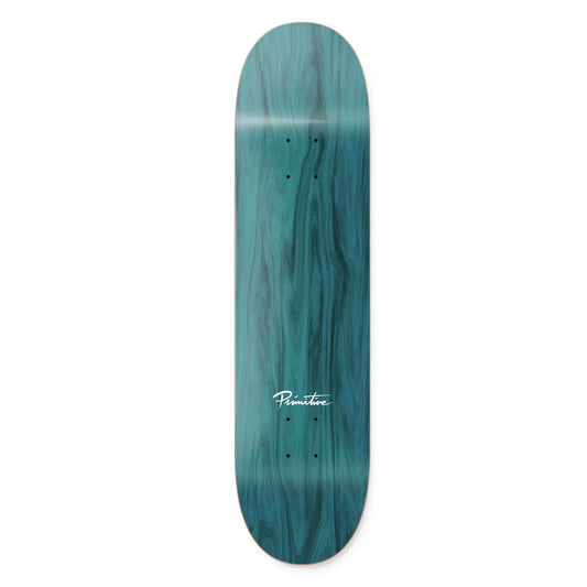 Teal skateboard deck with a gradient effect on a white background