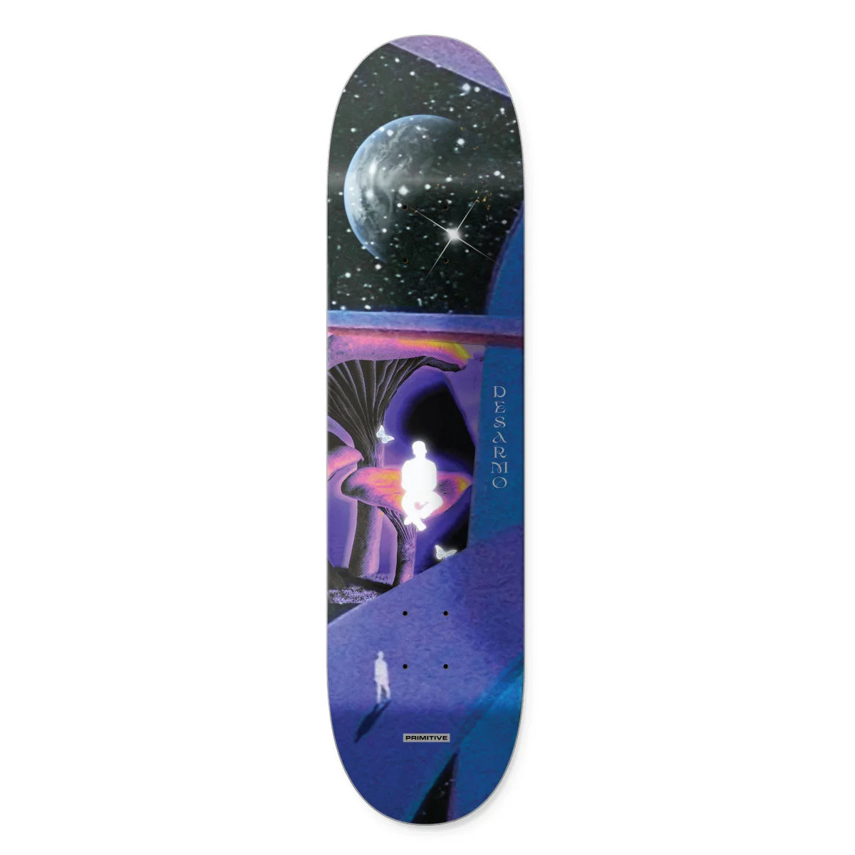 A skateboard deck featuring a surreal cosmic illustration with a large moon, stars, and a glowing figure in a purple and blue landscape. The words 'DESARmO' are printed vertically on the side.