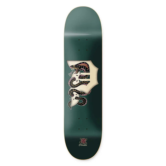 Skateboard deck with a snake design on a green background