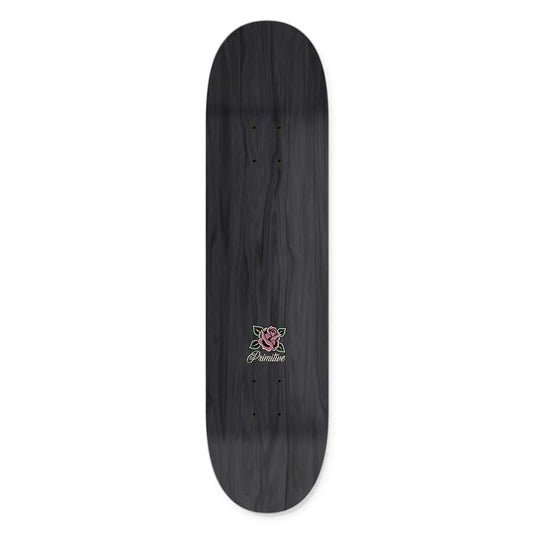 Black skateboard deck with a logo on a white background