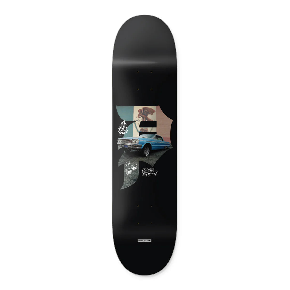 Black skateboard deck with a colorful graphic of a car on a white background