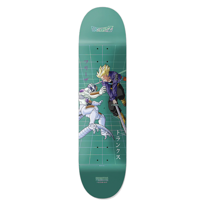Skateboard deck with anime character design on a green background