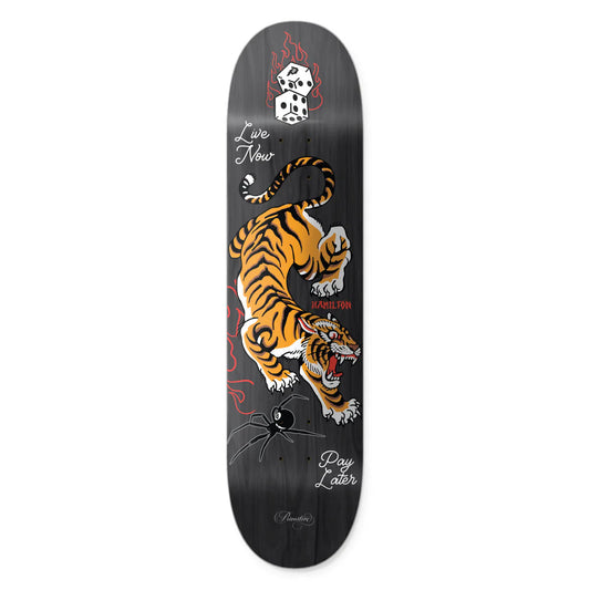 Skateboard deck with tiger design and text on a black background