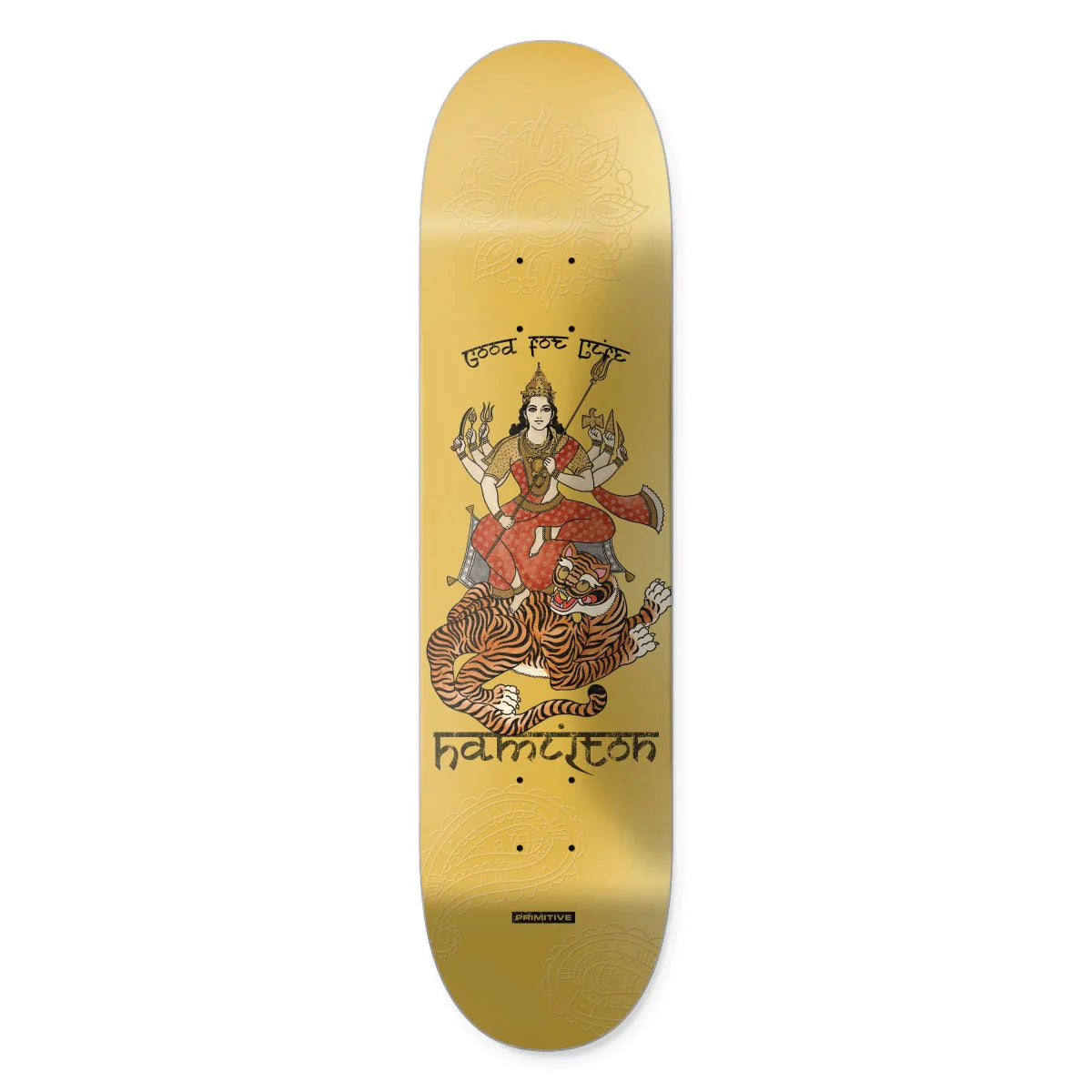 A gold skateboard deck featuring a graphic illustration of a woman riding a tiger, with the text 'DEVA PRABHOMITA' and 'hamcotton' printed on the deck.