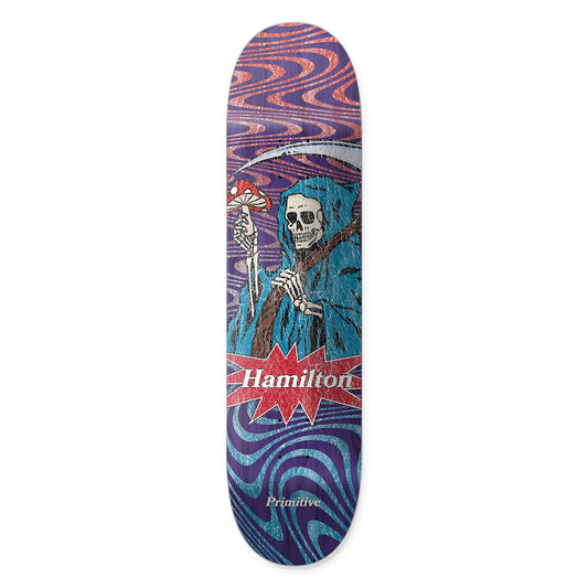 Skateboard deck with a colorful design featuring a skeleton and 'Hamilton' branding on a white background.