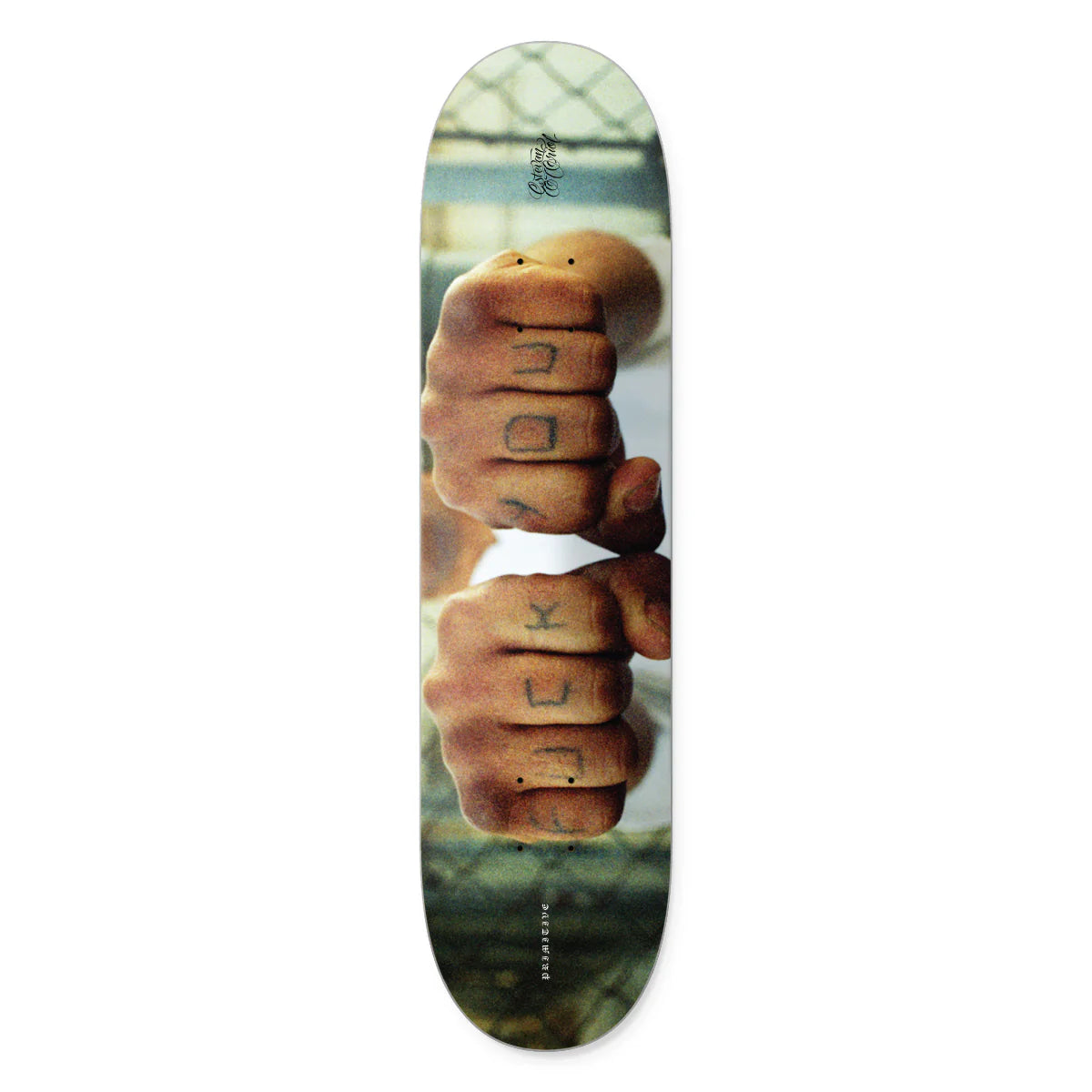 Skateboard deck with stacked buns design on a white background