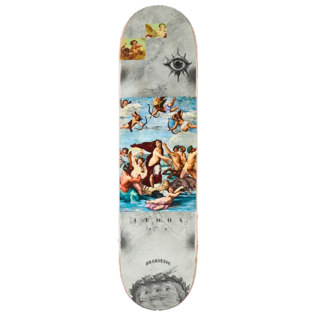 A skateboard deck featuring a collage design inspired by Michelangelo's The Sistine Chapel, with a textured gray background, a central classical painting print, a black eye graphic, and the brand name 'primitive' printed near the bottom.