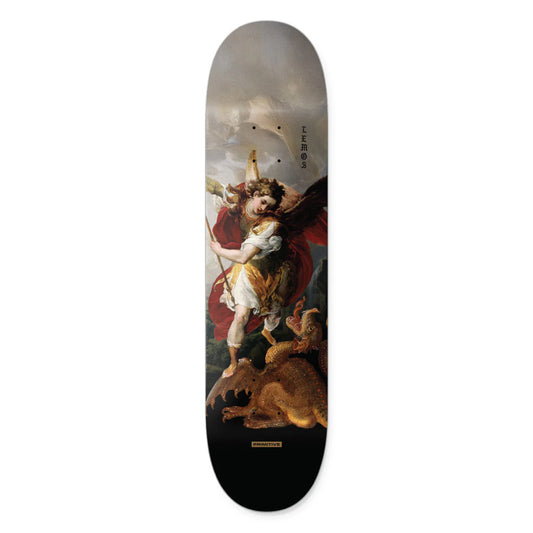 Skateboard deck with classical painting design on a white background