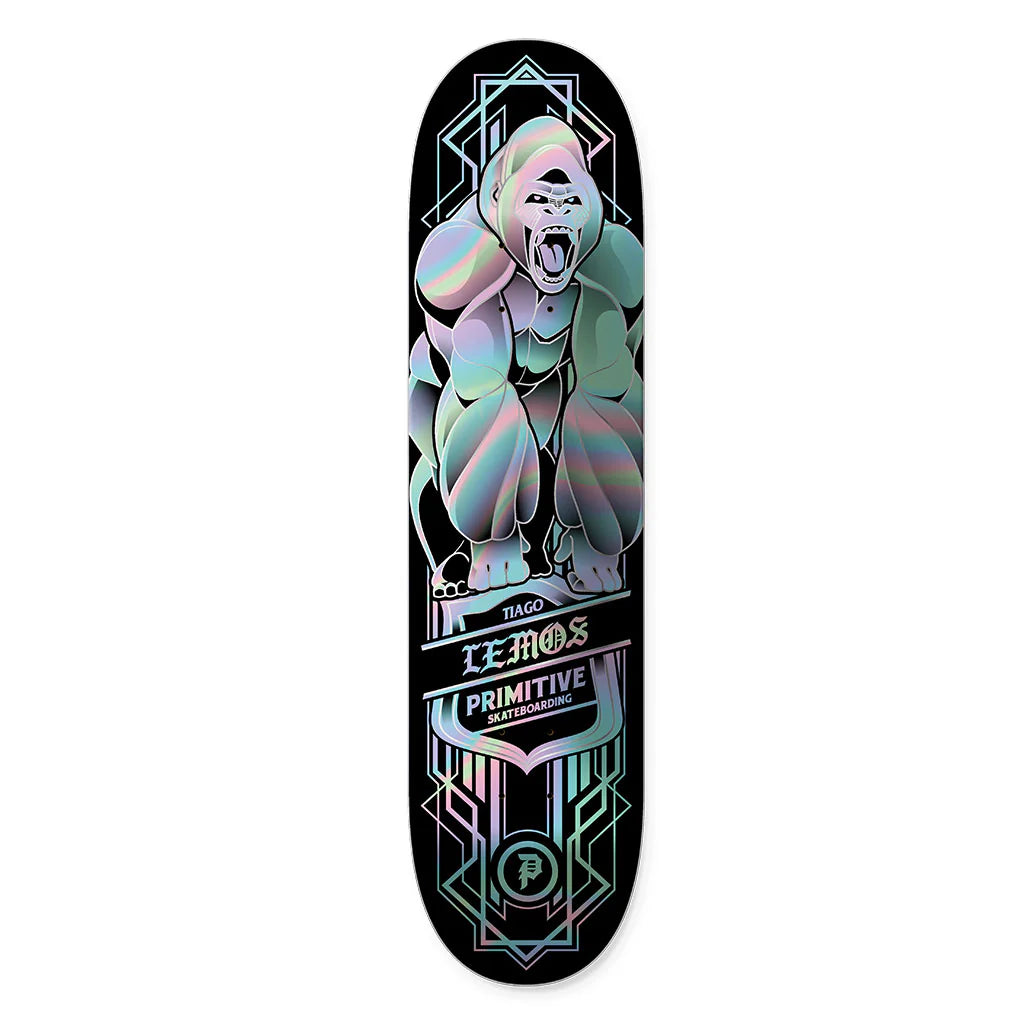 Skateboard deck with a colorful gorilla design and 'Primitive' branding on a white background