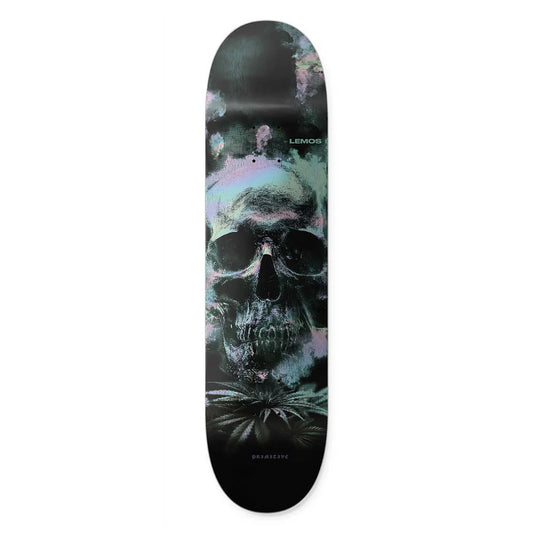 Skateboard deck with a skull design and 'LEMOs' branding on a white background