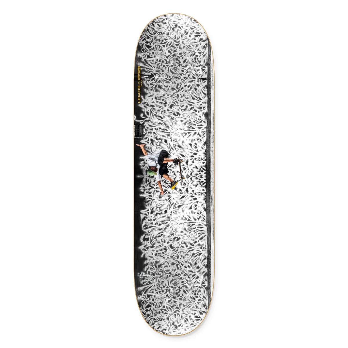 Skateboard deck with a black and white abstract pattern on a white background