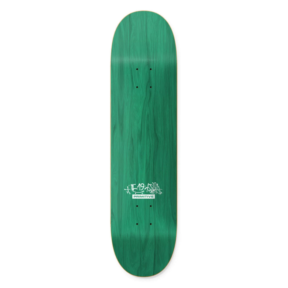 A green skateboard deck with a natural wood grain texture and a white graphic logo near the center, shown against a plain white background.