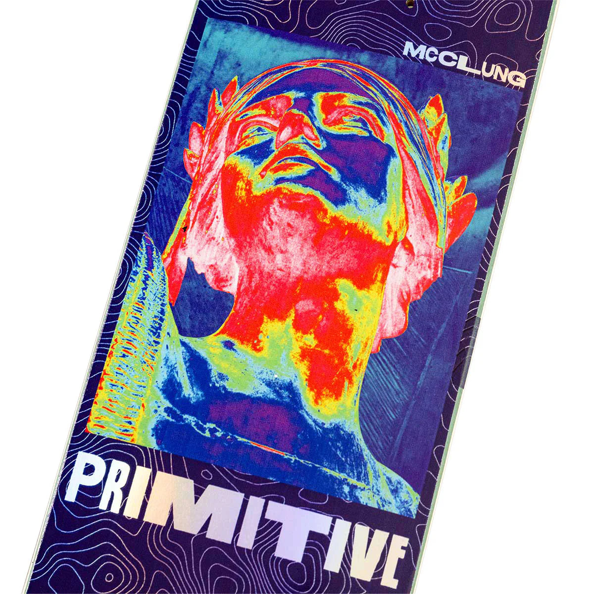 Colorful skateboard deck with a graphic design and 'Primitive' branding on a white background