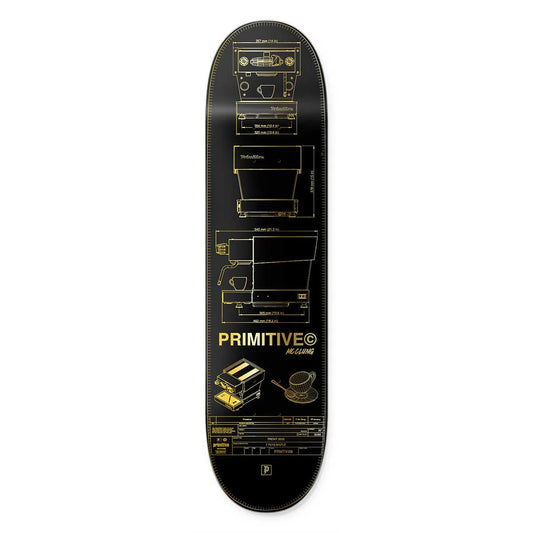 Black skateboard deck with gold graphics and 'Primitive' branding on a white background