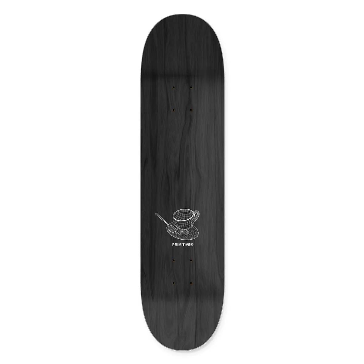 Black skateboard deck with a white logo on a white background