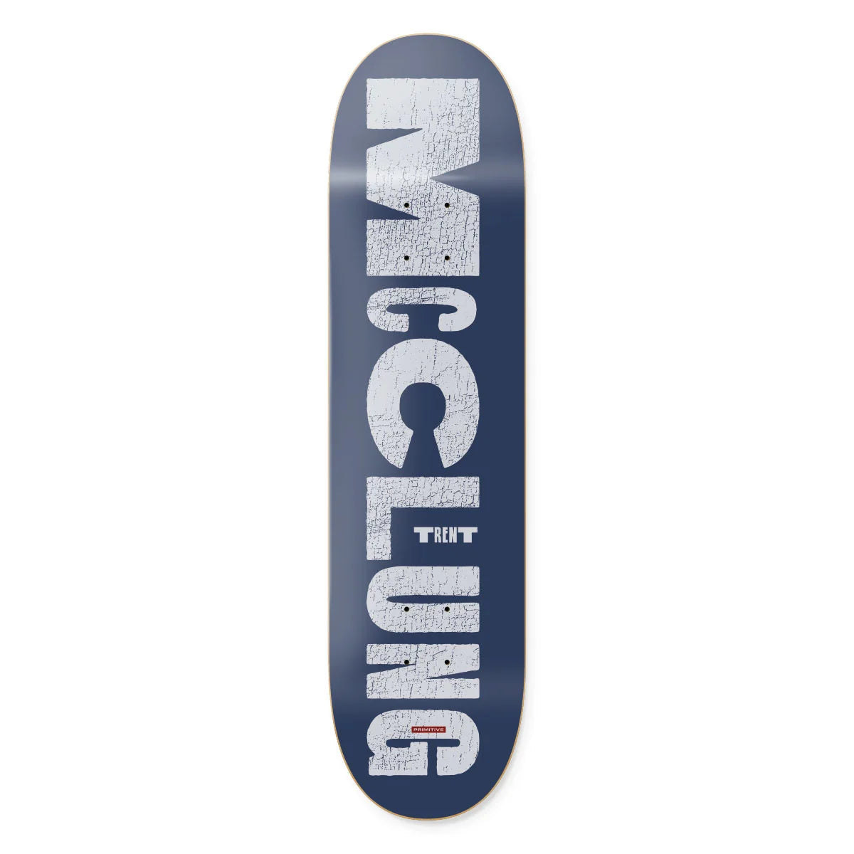 A skateboard deck shown vertically against a plain white background. The deck has a dark navy blue base with a large, distressed white vertical 'MCCCLUNG' logo and a small 'TReNT' logo in the center.