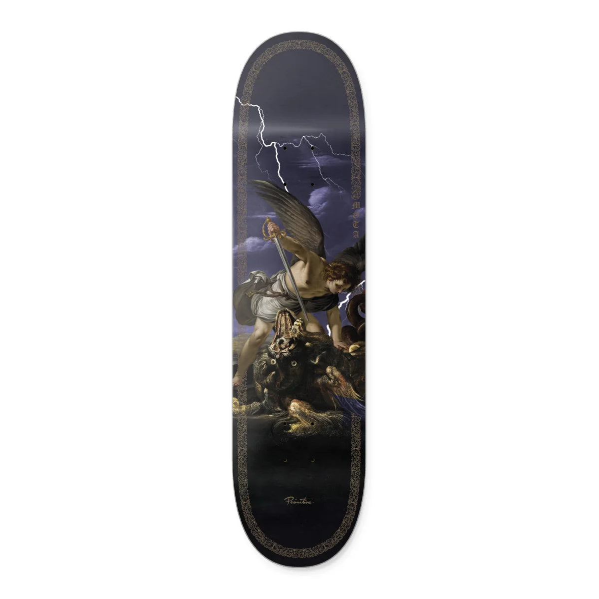 A skateboard deck featuring a dark, dramatic religious-style illustration with a winged figure, skulls, storm clouds, and lightning. The artwork is framed by a decorative border, and the deck is shown centered on a plain white background.