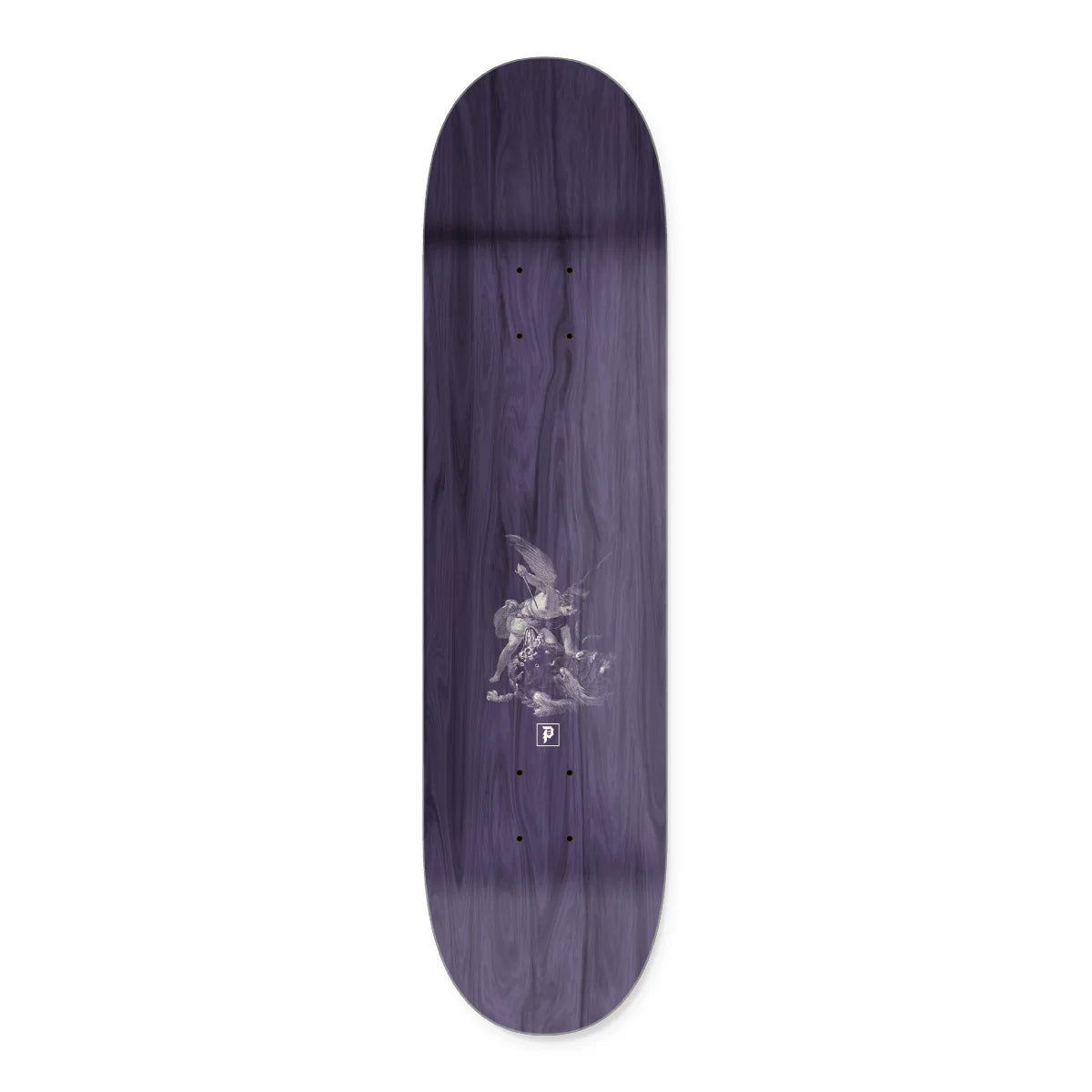 Purple skateboard deck with a graphic design on a white background