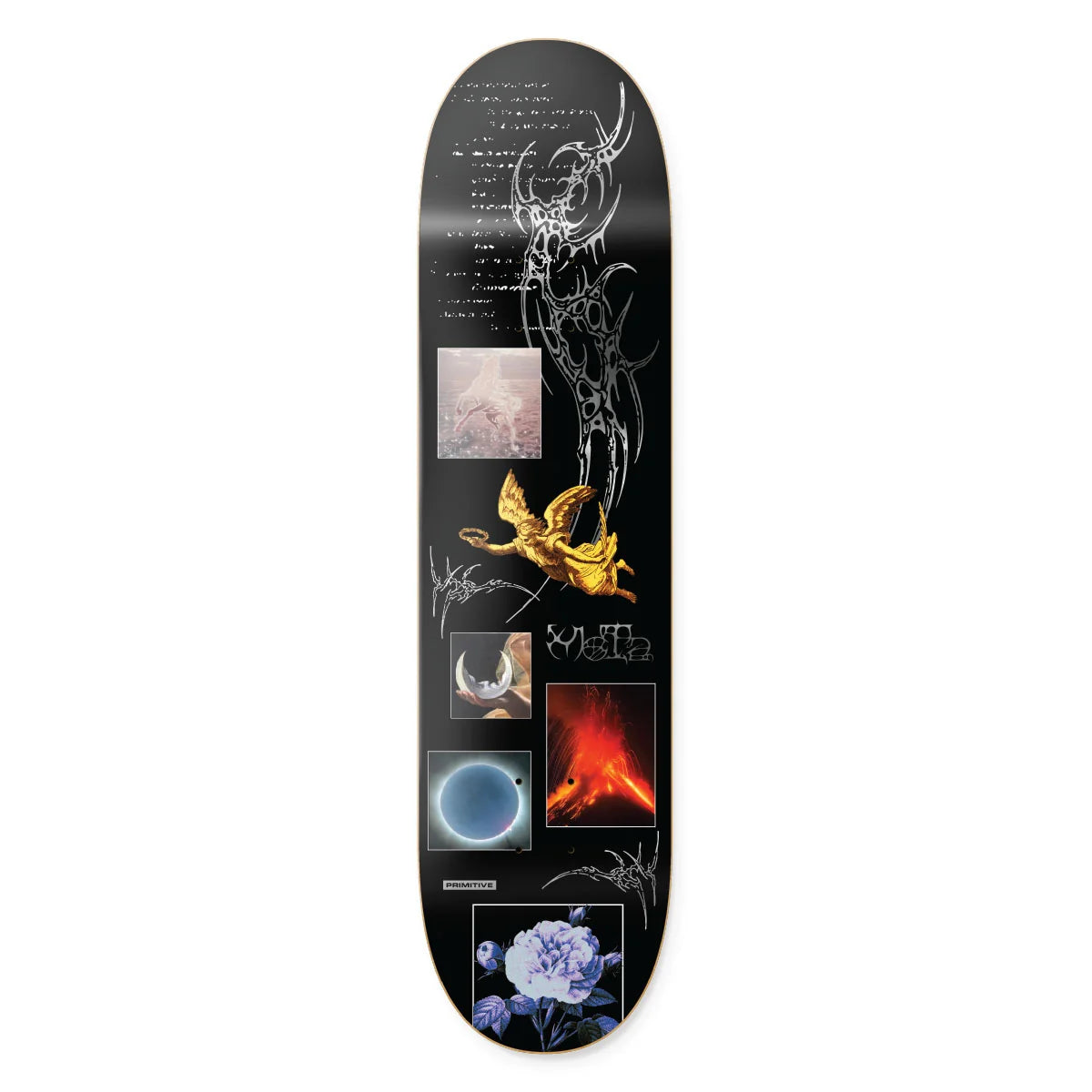 A skateboard deck featuring a black background with a collage of various graphic prints, including white line art, a golden bird, a blue planet, an orange lava scene, and a blue flower at the bottom.
