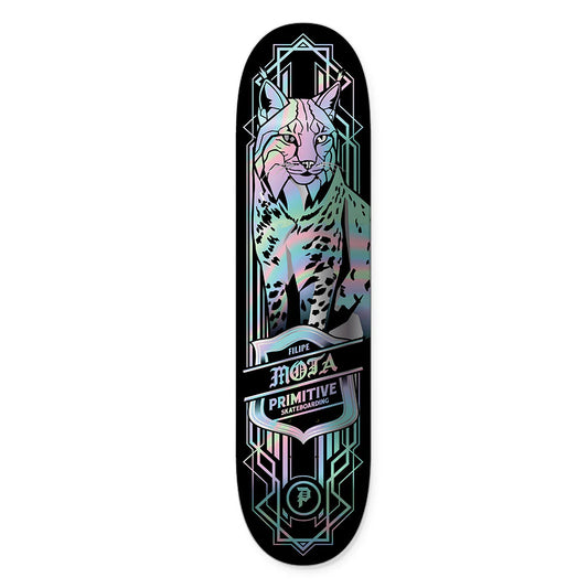 Skateboard deck with a stylized cat design and 'Mota' branding on a white background