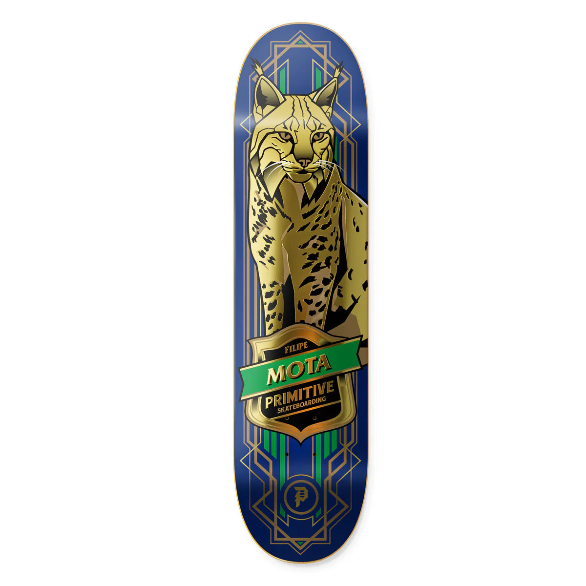 Skateboard deck with a leopardskin design and 'Mota' branding on a blue background