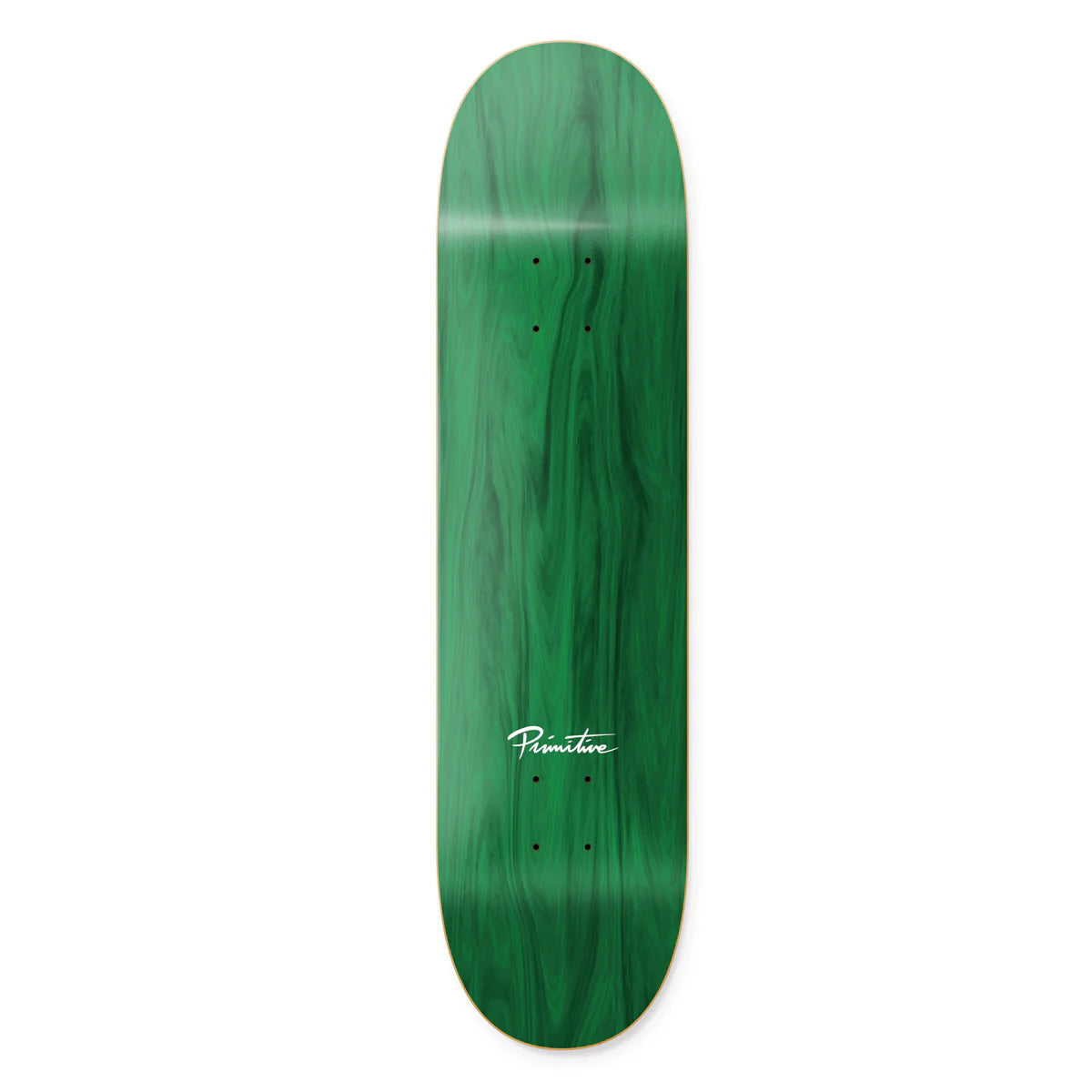 Green skateboard deck with a visible brand logo on a white background