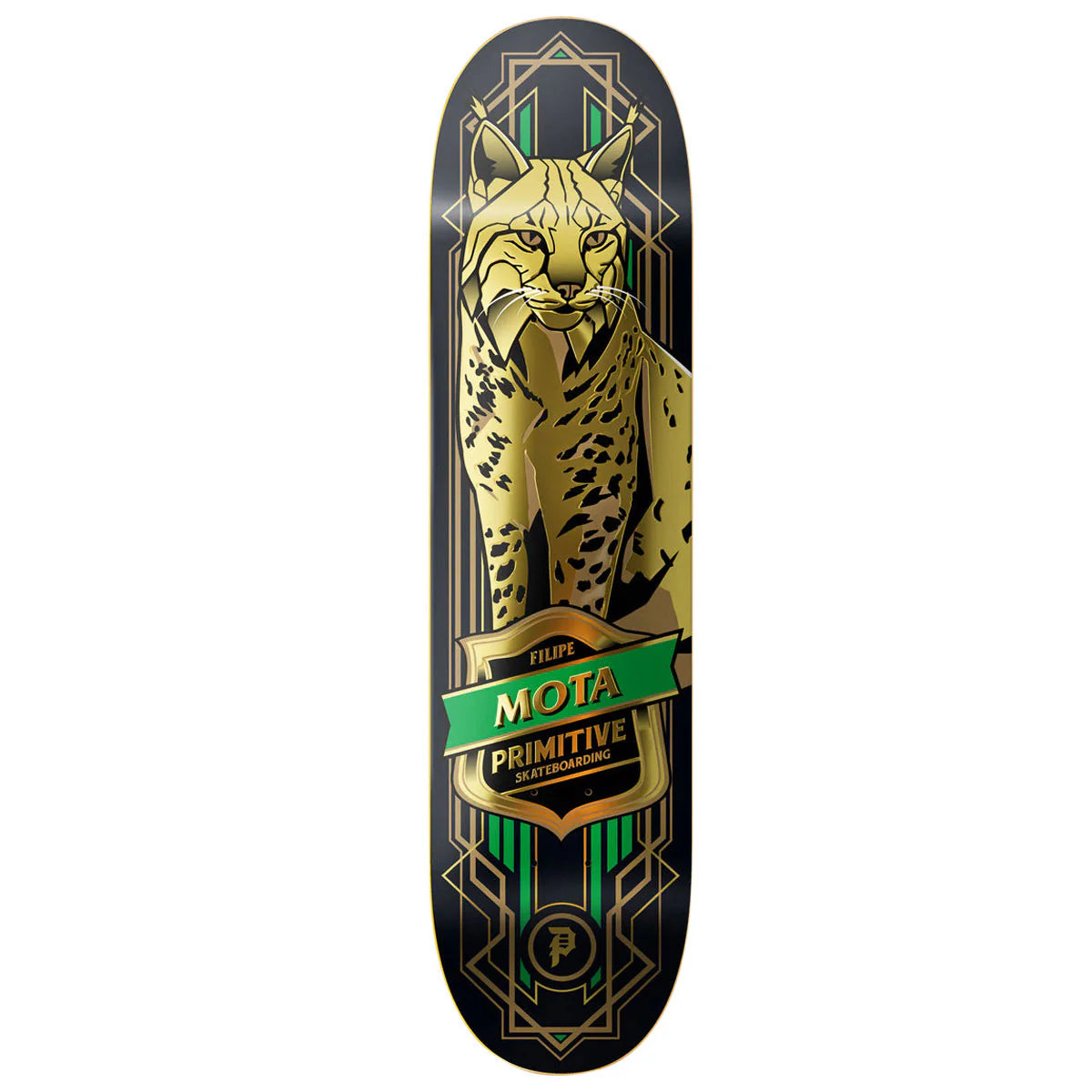 Skateboard deck with a leopards design and Mota Primitive branding on a white background