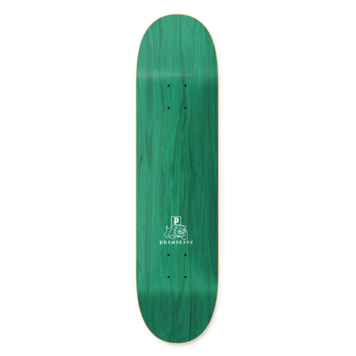 Green skateboard deck with a logo on a white background