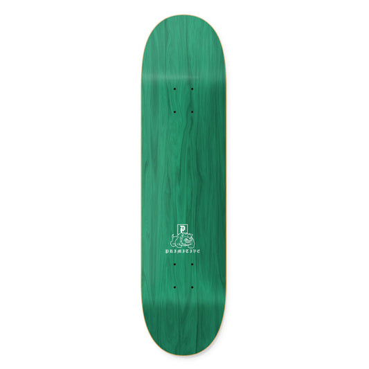 Green skateboard deck with a logo on a white background