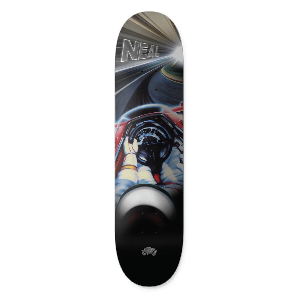 Skateboard deck with a colorful design and 'NEAL' branding on a white background