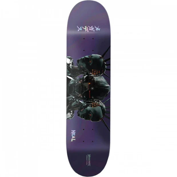 Skateboard deck with a dark-themed design on a purple background