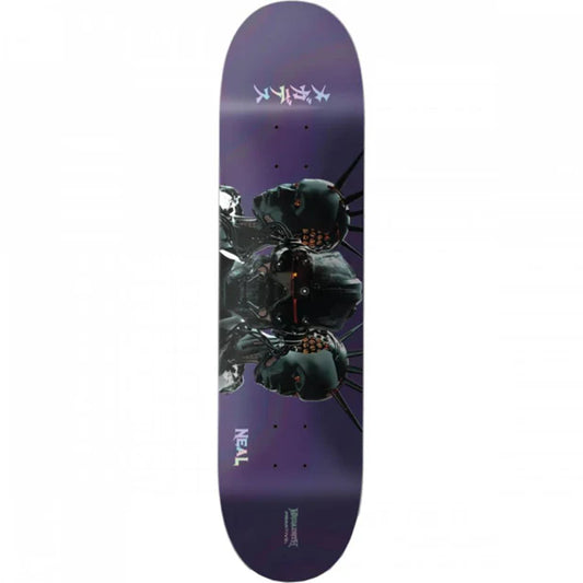 Skateboard deck with a dark-themed design on a purple background
