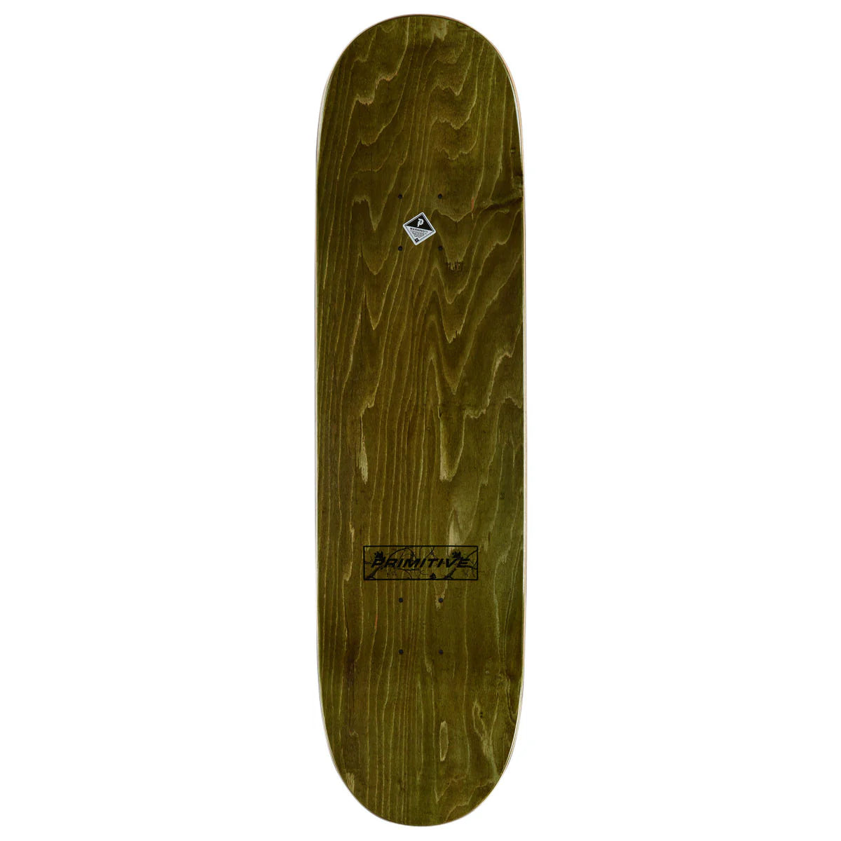Wooden skateboard deck with visible branding on a white background