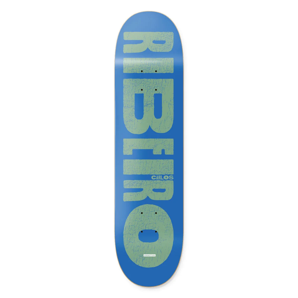 A skateboard deck shown from the top view against a plain white background. The deck features a vibrant blue base with a large, vertically-oriented light green graphic spelling 'ribeiro' in stylized letters, and a small 'carlos' brand logo printed in the center.