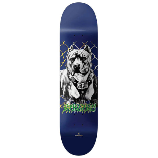 Skateboard deck with a dog graphic and text on a blue background